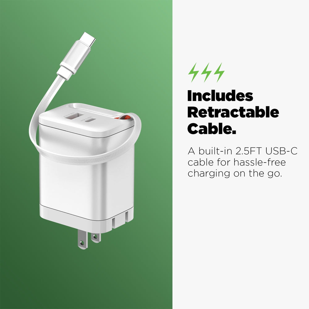 AmpNergy PowerSurge 40W+ Dual-Port GaN Charger with Retractable USB-C Cable - White