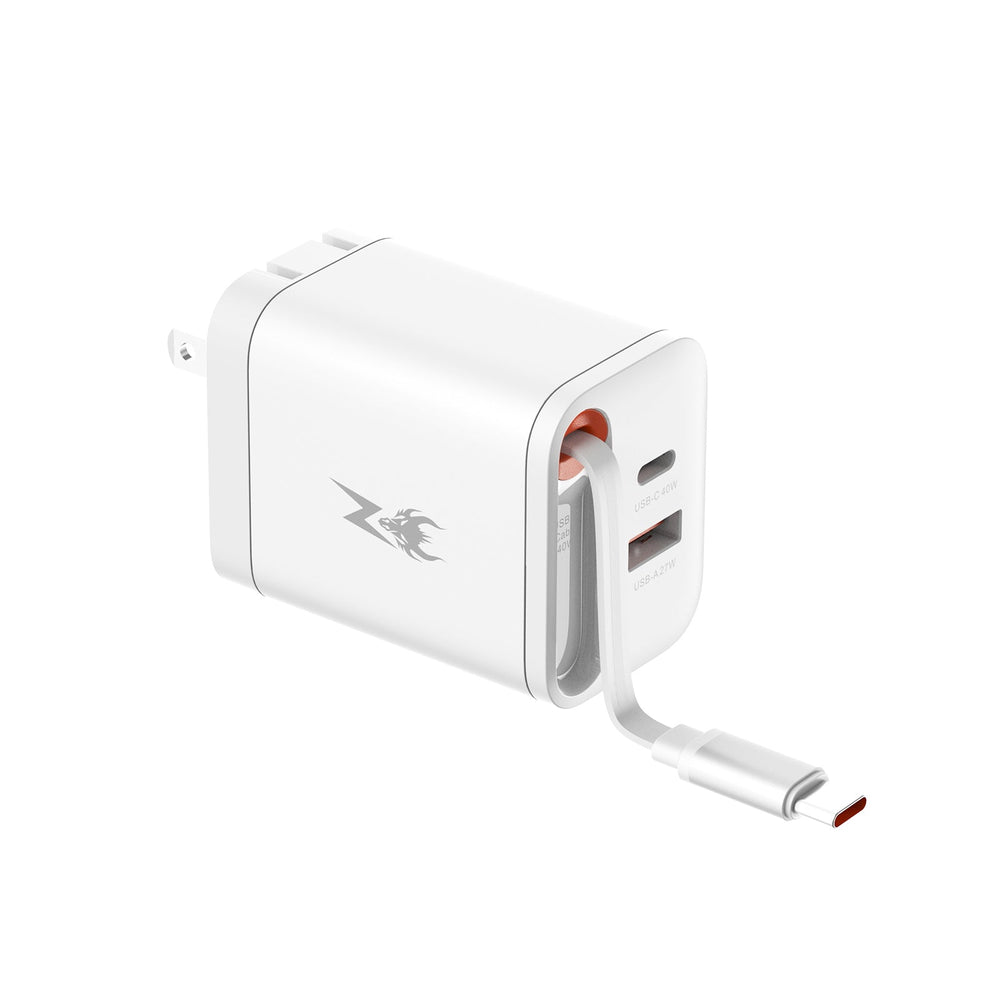 AmpNergy PowerSurge 40W+ Dual-Port GaN Charger with Retractable USB-C Cable - White