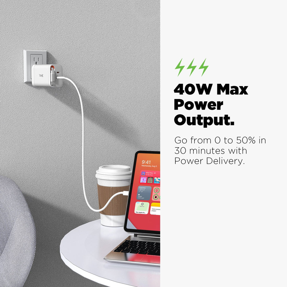 AmpNergy PowerSurge 40W+ Dual-Port GaN Charger with Retractable USB-C Cable - White