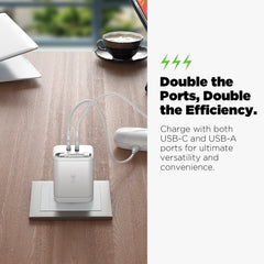 AmpNergy PowerSurge 40W+ Dual-Port GaN Charger with Retractable USB-C Cable - White