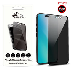 Protection d'écran en verre trempé anti-espion pleine couverture baseline pour Apple iPhone 16 / 15 / 15 Pro / 14 Pro