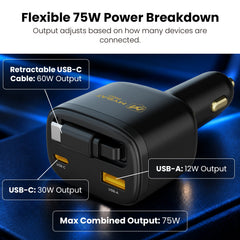 MyBat Pro 75W Dual-Port Car Charger with Retractable USB-C Cable + Digital Display - Black