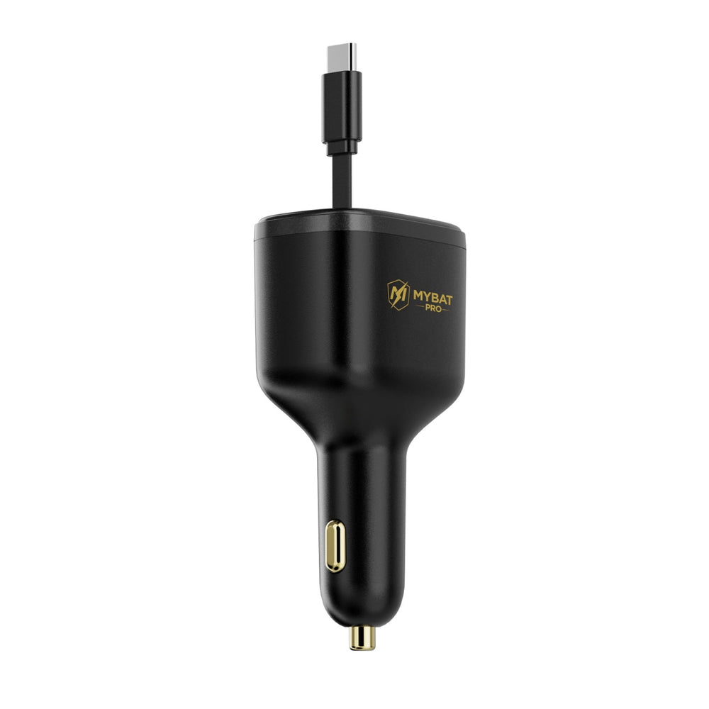 MyBat Pro 75W Dual-Port Car Charger with Retractable USB-C Cable + Digital Display - Black
