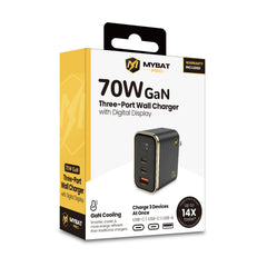 MyBat Pro 70W Three-Port Digital Display GaN Wall Charger - Black