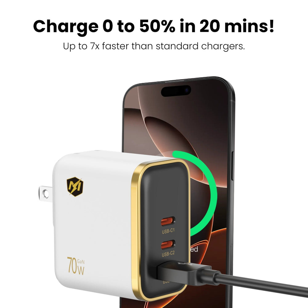MyBat Pro 70W Three-Port Digital Display GaN Wall Charger - White