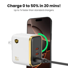 MyBat Pro 70W Three-Port Digital Display GaN Wall Charger - White