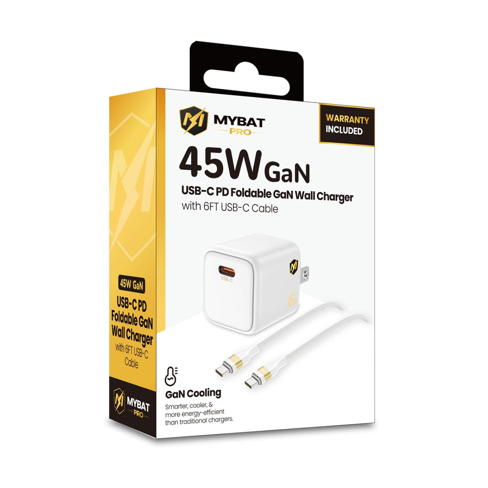 MYBAT PRO 45W USB-C PD Foldable GaN Wall Charger with 6FT USB-C Cable - White