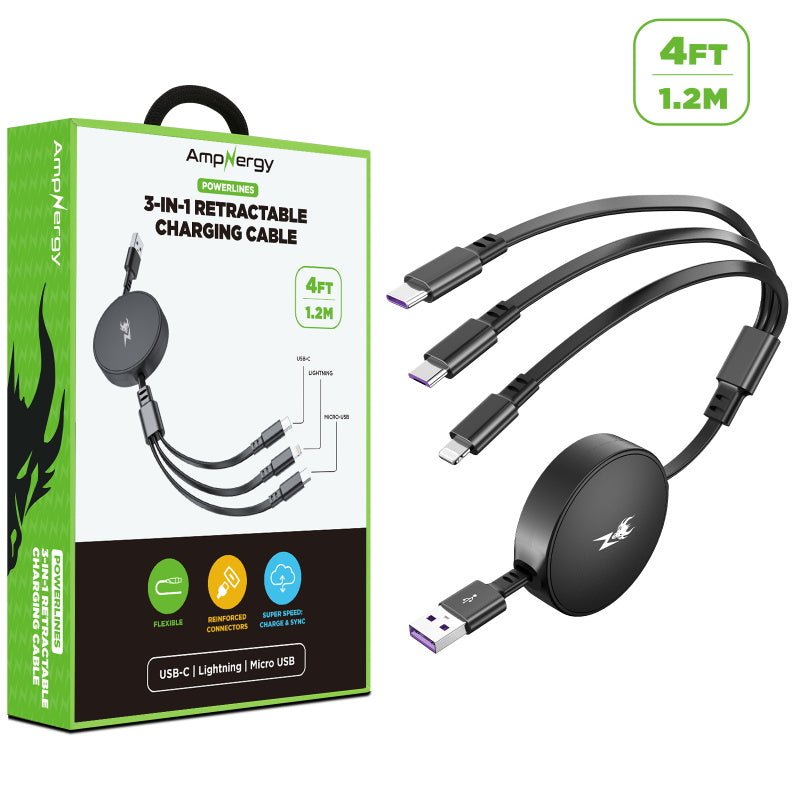 AmpNergy PowerLines 3 - in - 1 Retractable Charging Cable - 4FT - BlackMyBat Pro