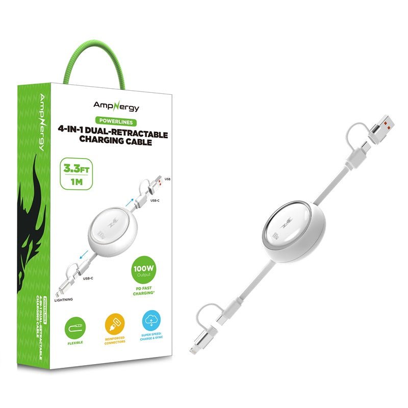 AmpNergy PowerLines 4 - in - 1 Dual - Retractable Charging Cable - 3FT - WhiteMyBat Pro