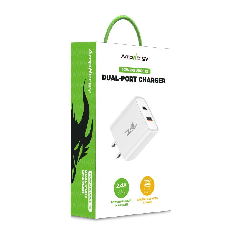 AmpNergy PowerSurge 12W Dual - Port Wall Charger (USB - C + USB - A)AmpNergy