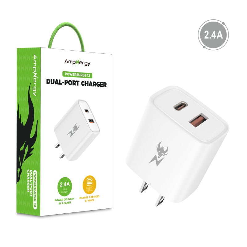 AmpNergy PowerSurge 12W Dual - Port Wall Charger (USB - C + USB - A)AmpNergy