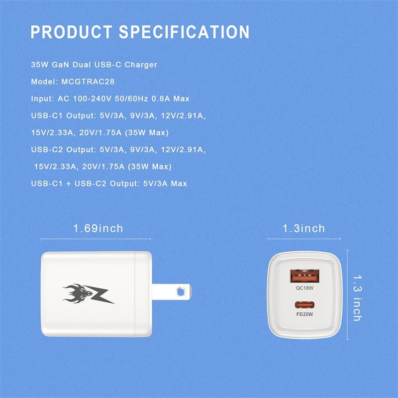AmpNergy PowerSurge 20 Fast Dual - Port Charger w/ Foldable PlugMyBat Pro