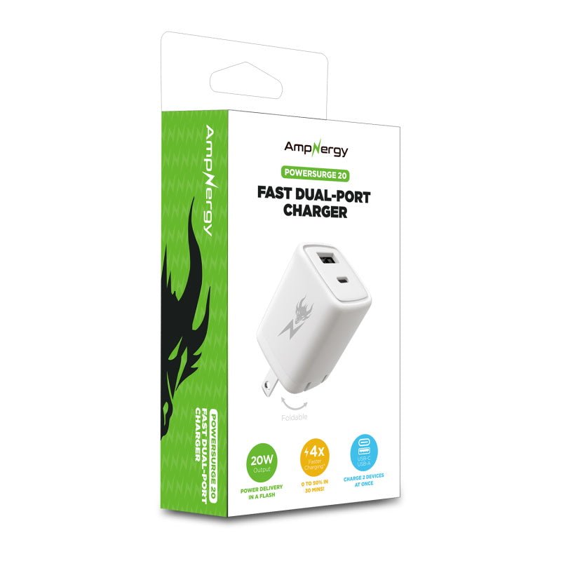 AmpNergy PowerSurge 20 Fast Dual - Port Charger w/ Foldable PlugMyBat Pro