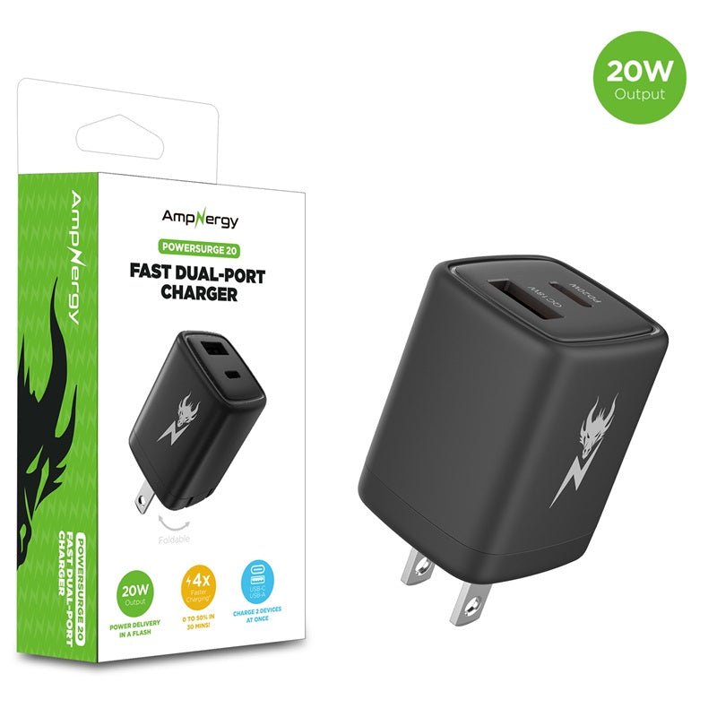 AmpNergy PowerSurge 20 Fast Dual - Port Charger w/ Foldable PlugMyBat Pro