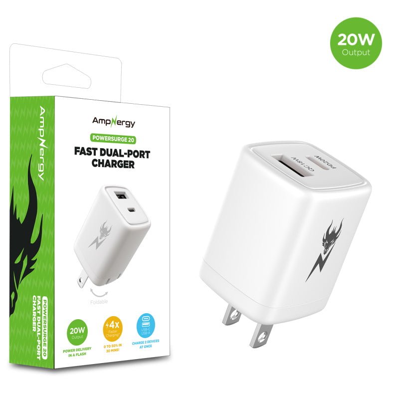 AmpNergy PowerSurge 20 Fast Dual - Port Charger w/ Foldable PlugMyBat Pro