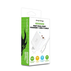 AmpNergy PowerSurge 30 Fast Dual - Port Charger w/ Foldable Plug with USB - C to USB - C Cable - WhiteMyBat Pro