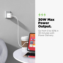 AmpNergy PowerSurge 30 Fast Dual - Port Charger w/ Foldable Plug with USB - C to USB - C Cable - WhiteMyBat Pro