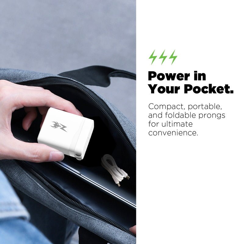 AmpNergy PowerSurge 30 Fast Dual - Port Charger w/ Foldable Plug with USB - C to USB - C Cable - WhiteMyBat Pro