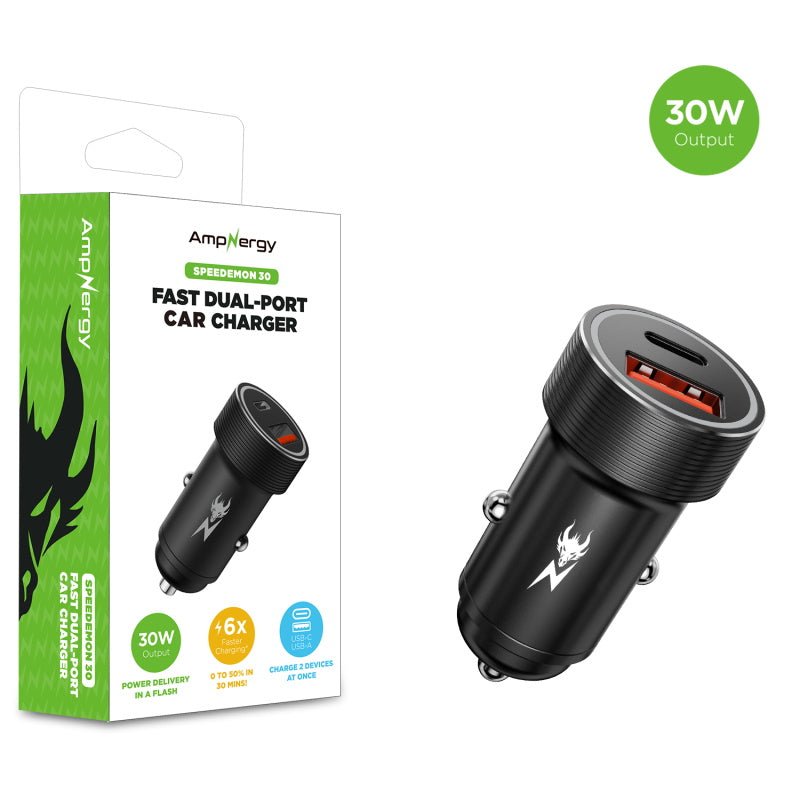 AmpNergy PowerSurge 30W Fast Dual - Port Car Charger - BlackMyBat Pro