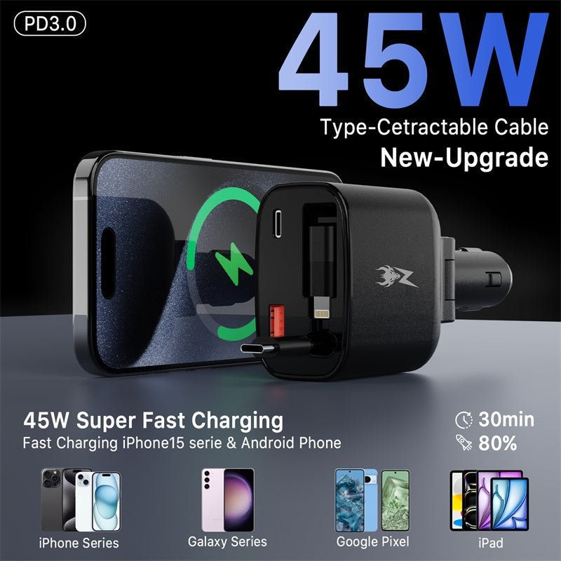 AmpNergy Speedemon 105+ 4 - in - 1 Car Charger w/ Dual Ports & Retractable CablesMyBat Pro