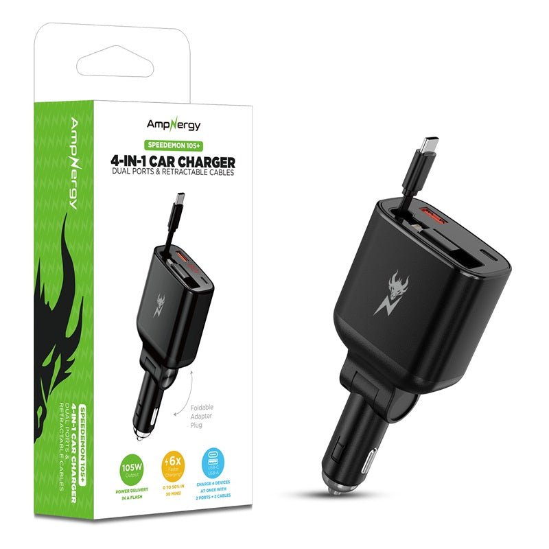 AmpNergy Speedemon 105+ 4 - in - 1 Car Charger w/ Dual Ports & Retractable CablesMyBat Pro