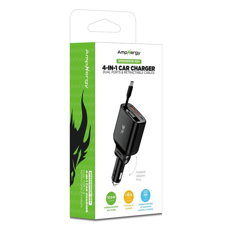 AmpNergy Speedemon 105+ 4 - in - 1 Car Charger w/ Dual Ports & Retractable CablesMyBat Pro
