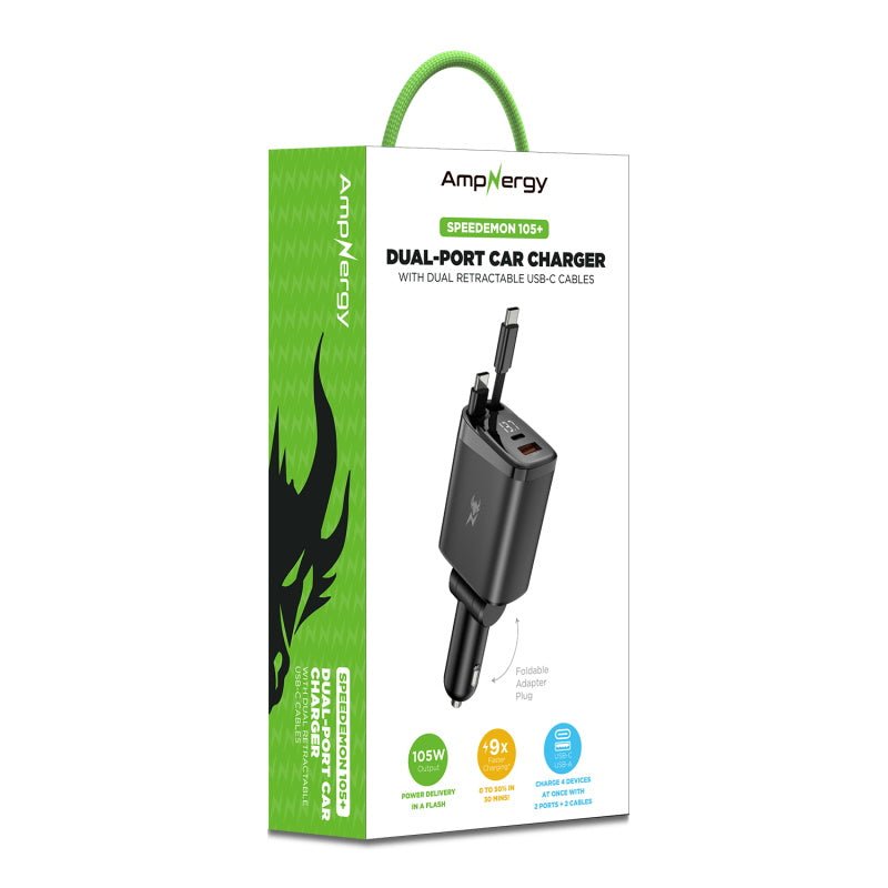 AmpNergy Speedemon 105+ Dual - Port Car Charger with Dual Retractable USB - C Cables - BlackMyBat Pro