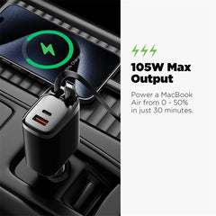 AmpNergy Speedemon 105+ Dual - Port Car Charger with Dual Retractable USB - C Cables - BlackMyBat Pro