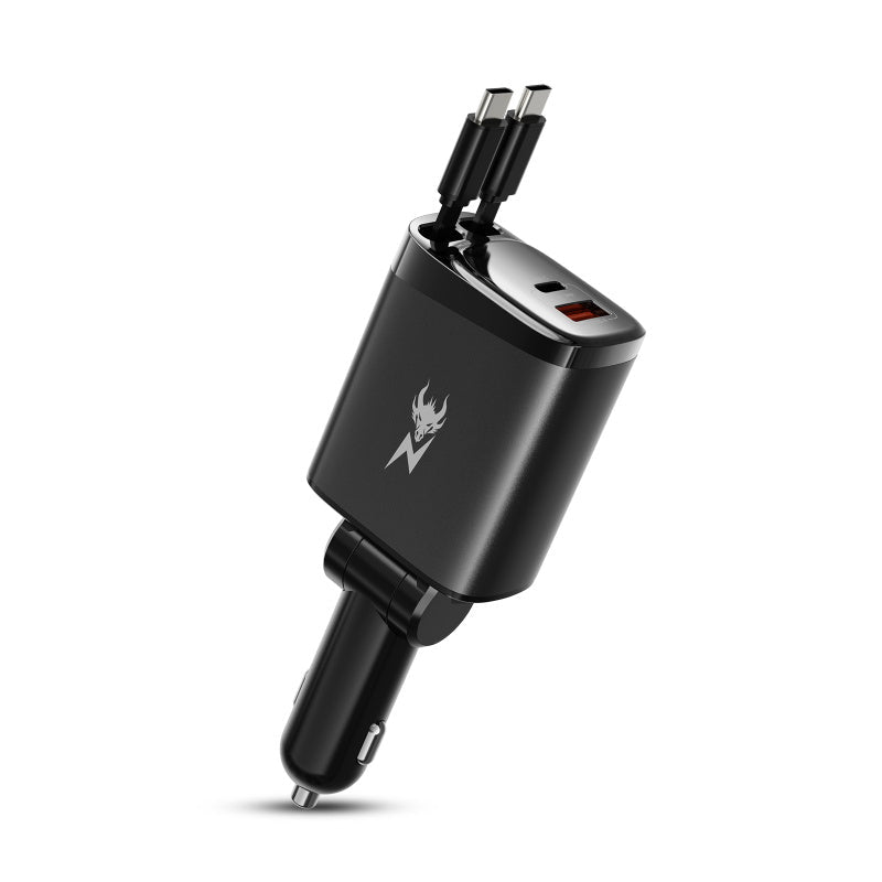AmpNergy Speedemon 105+ Dual - Port Car Charger with Dual Retractable USB - C Cables - BlackMyBat Pro