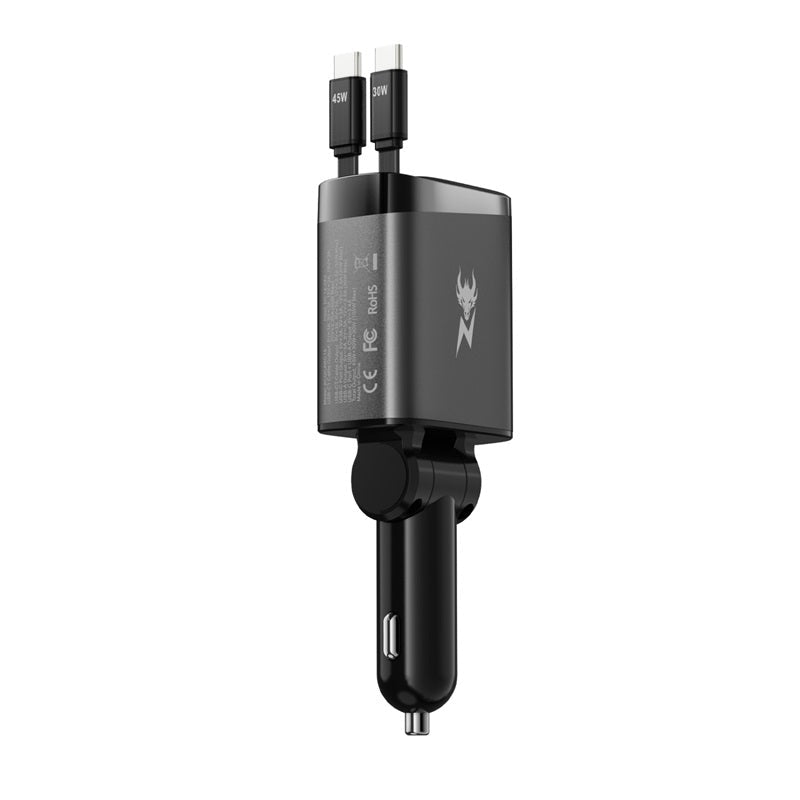 AmpNergy Speedemon 105+ Dual - Port Car Charger with Dual Retractable USB - C Cables - BlackMyBat Pro