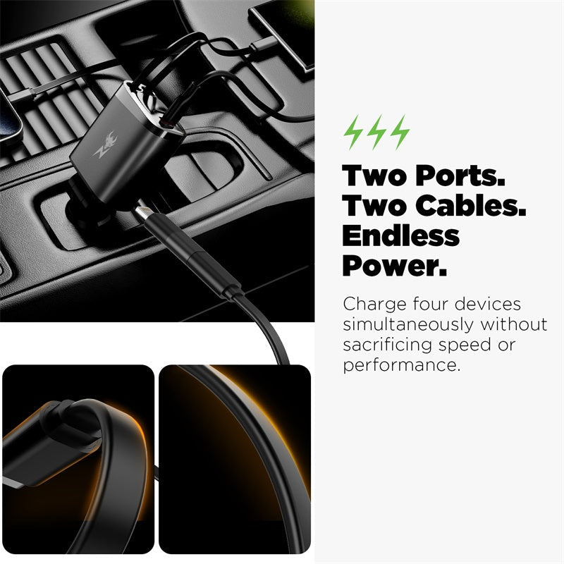AmpNergy Speedemon 105+ Dual - Port Car Charger with Dual Retractable USB - C Cables - BlackMyBat Pro