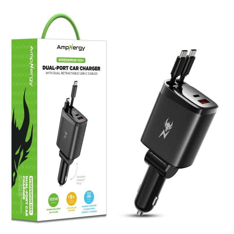 AmpNergy Speedemon 105+ Dual - Port Car Charger with Dual Retractable USB - C Cables - BlackMyBat Pro