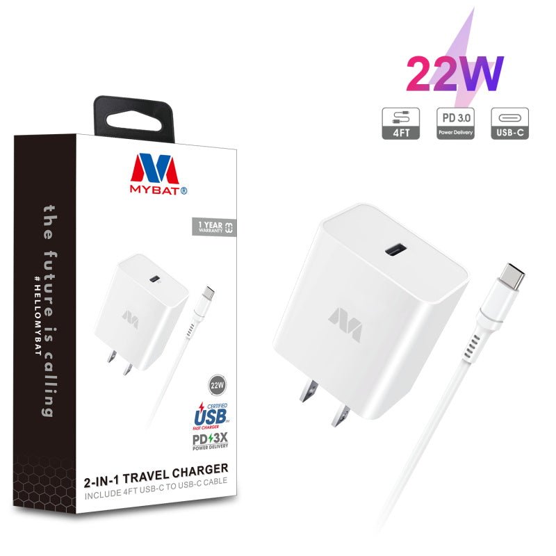 MyBat 2 - in - 1 22W Travel Charger with 4ft USB - C to USB - C Cable - WhiteMyBat Pro