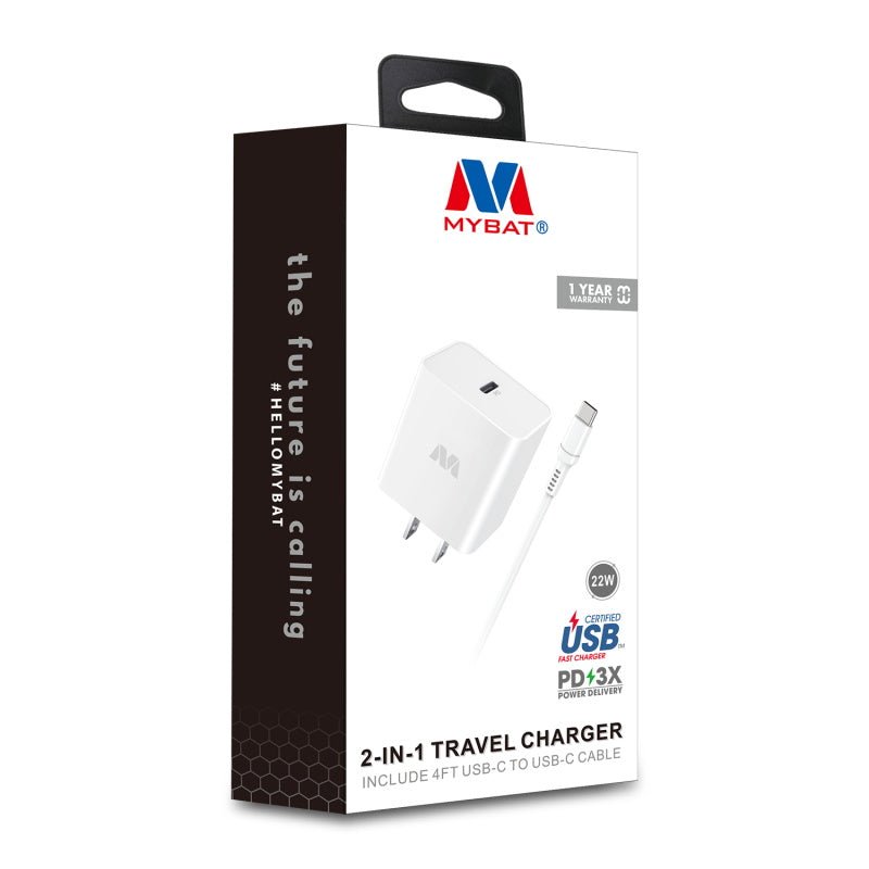 MyBat 2 - in - 1 22W Travel Charger with 4ft USB - C to USB - C Cable - WhiteMyBat Pro