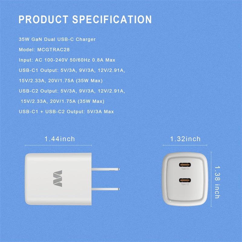 MyBat 35W GaN Dual USB - C Charger - WhiteMyBat Pro