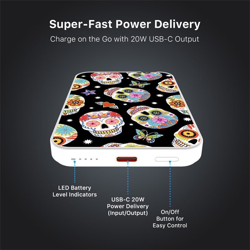 MyBat Design Lab 5000mAh Magnetic Wireless Power Bank - White - Day of the Dead