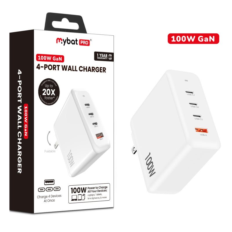 MyBat Pro 100W GaN 4 - Port Foldable Wall Charger (ETL Certified) - WhiteMybat Pro