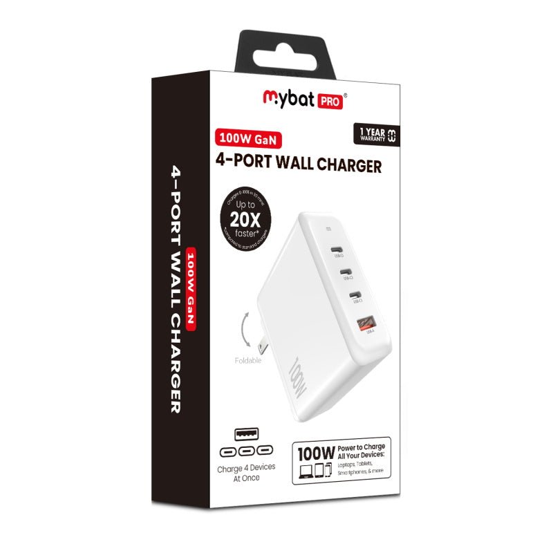 MyBat Pro 100W GaN 4 - Port Foldable Wall Charger (ETL Certified) - WhiteMybat Pro