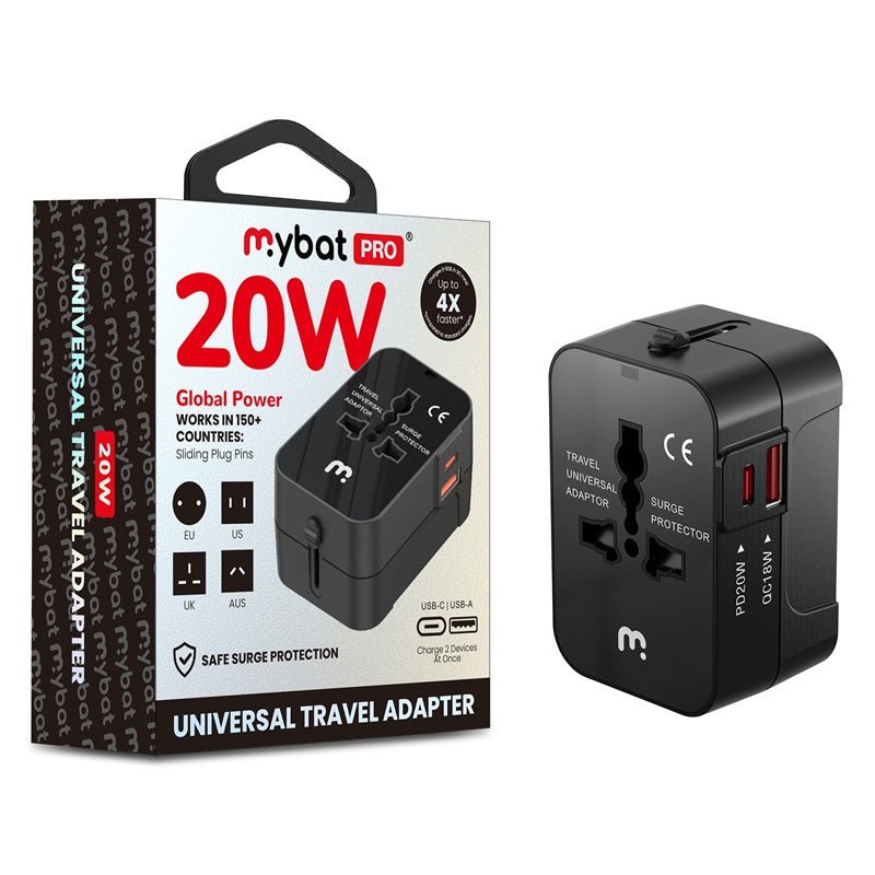 MyBat Pro 20W PD Dual - Port Universal Travel Adapter - US/UK/EU/AU - BlackMyBat Pro