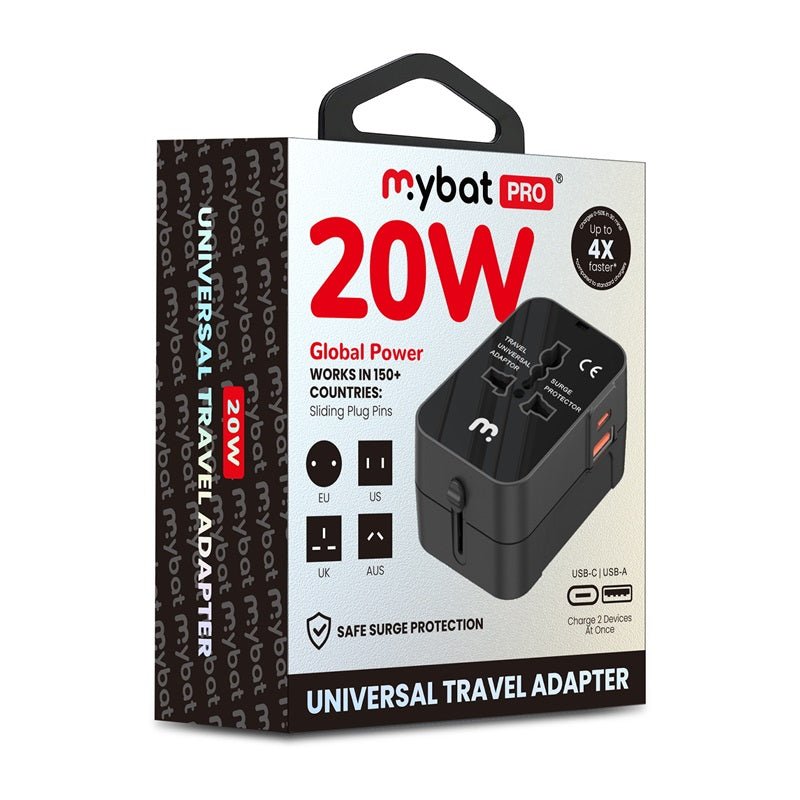 MyBat Pro 20W PD Dual - Port Universal Travel Adapter - US/UK/EU/AU - BlackMyBat Pro