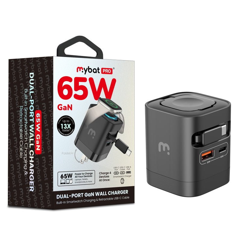 MyBat Pro 65W Dual - Port GaN Wall Charger + Built - In Smartwatch Charging & Retractable USB - C CableMyBat Pro