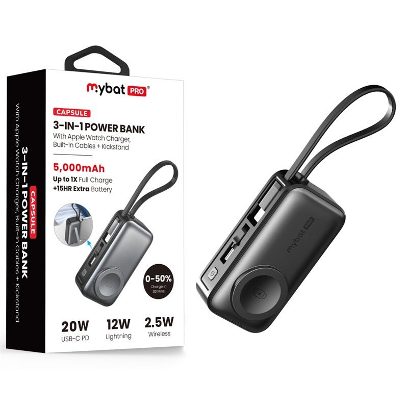 MyBat Pro Capsule 3 - in - 1 Power Bank with Apple Watch Charger, Built - In Cables + Kickstand - 5000 mAhMyBat Pro