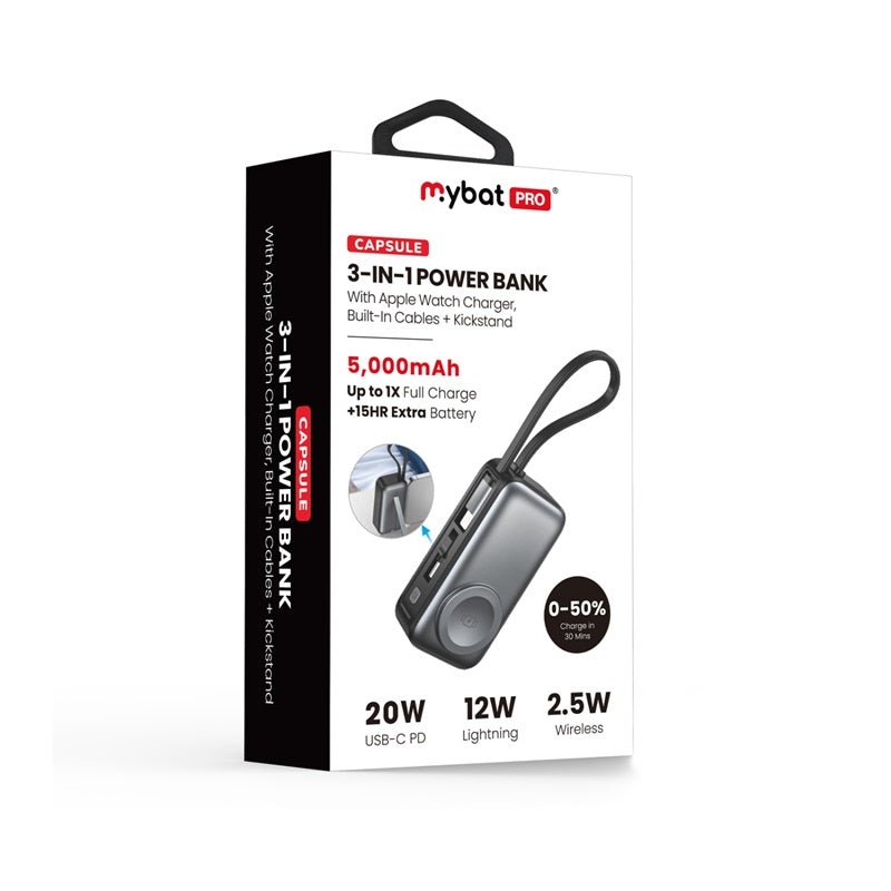 MyBat Pro Capsule 3 - in - 1 Power Bank with Apple Watch Charger, Built - In Cables + Kickstand - 5000 mAhMyBat Pro