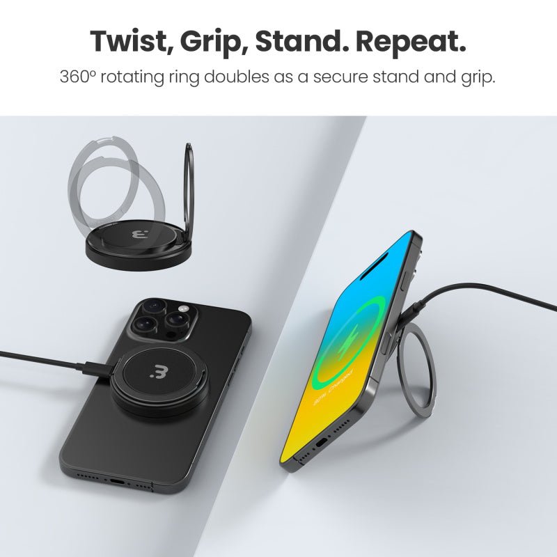 MyBat Pro DockIt 360° MagSafe Wireless Charger + Ring Grip Stand - BlackMyBat Pro