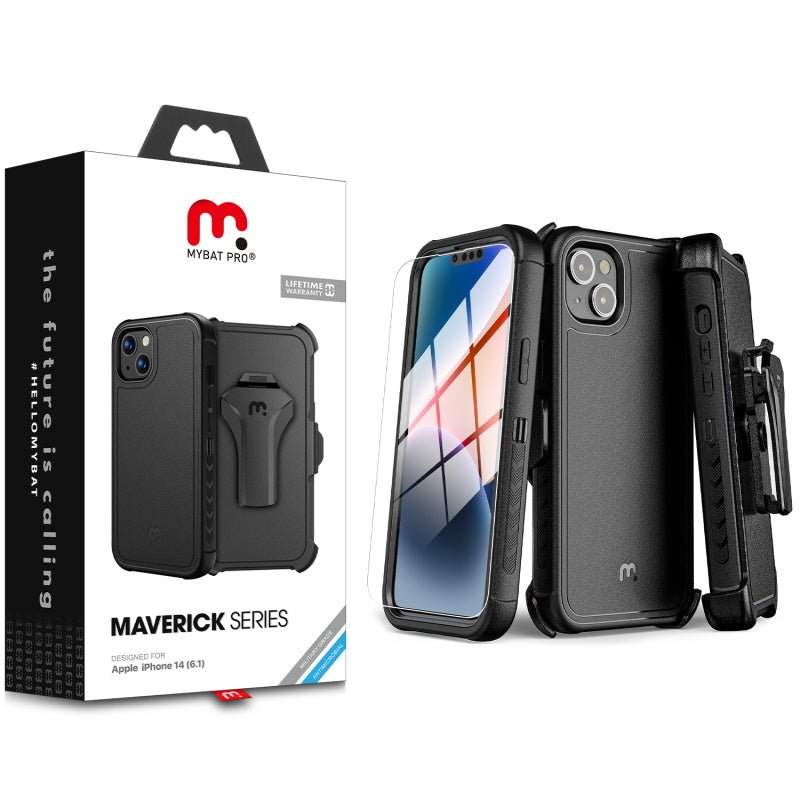 MyBat Pro Maverick Series Case w/ Holster and Tempered Glass for Apple iPhone 14 (6.1) / 13 (6.1)iPhone 14/13
