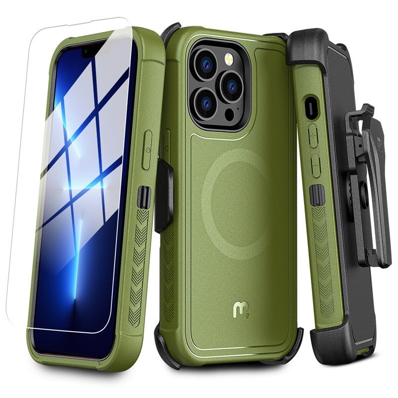 MyBat Pro Maverick Series MagSafe Case w/ Holster and Tempered Glass for Apple iPhone 13 Pro Max (6.7) - Army Green