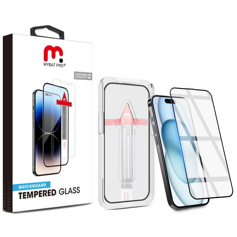 MyBat Pro QuickGuard Tempered Glass Screen Protector w/ Installation Tray for Apple iPhone 15 (6.1) - BlackMyBat Pro