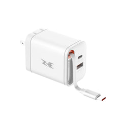 AmpNergy PowerSurge 40W+ Dual-Port GaN Charger with Retractable USB-C Cable - White