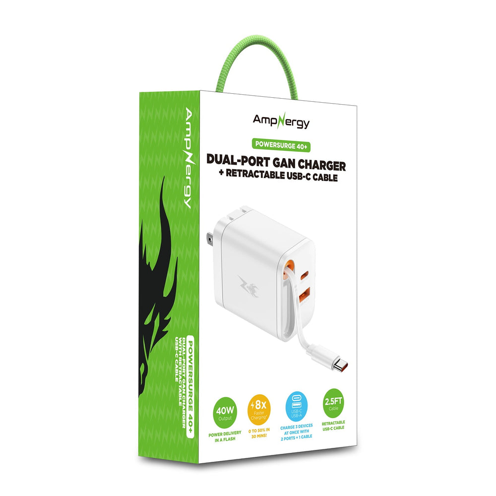 AmpNergy PowerSurge 40W+ Dual-Port GaN Charger with Retractable USB-C Cable - White