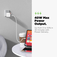 AmpNergy PowerSurge 40W+ Dual-Port GaN Charger with Retractable USB-C Cable - White